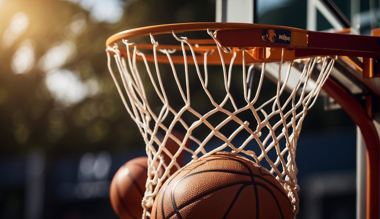 The NBA logo prominently displayed on a regulation-size basketball hoop, surrounded by official NBA basketballs and equipment