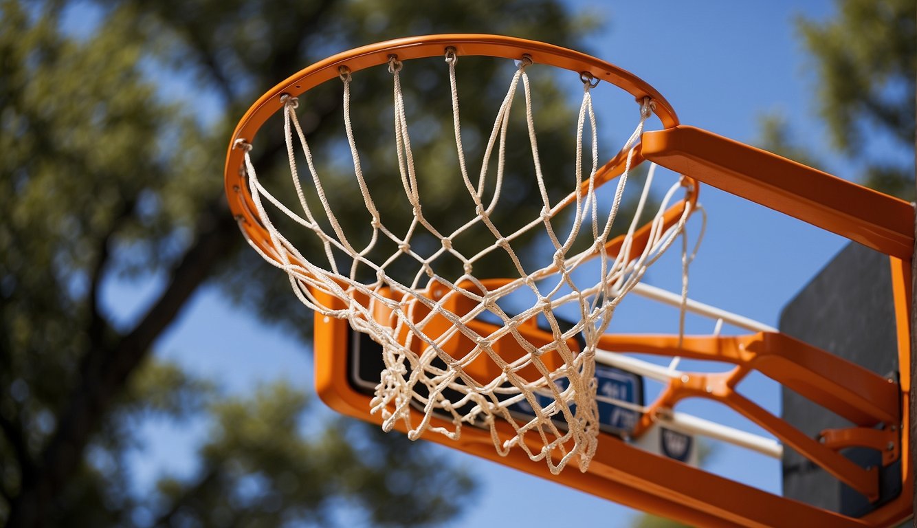 A regulation NBA basketball hoop with a 18-inch diameter rim and a 10-foot high backboard. The hoop is orange with a white net