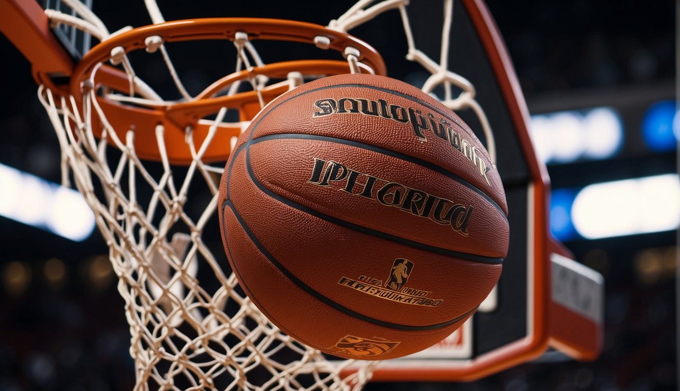 A basketball hoop with NBA specifications, including a regulation size backboard and rim, is positioned on a court with the league's logo prominently displayed