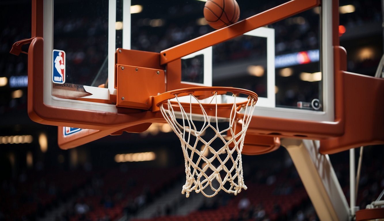 A regulation NBA basketball hoop hangs at 10 feet, with an 18-inch diameter rim and a white rectangular backboard