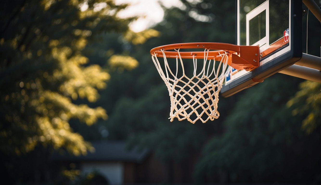 A regulation NBA basketball hoop is installed on a sturdy backboard with a breakaway rim. It should be positioned 10 feet above the ground and regularly inspected for proper maintenance