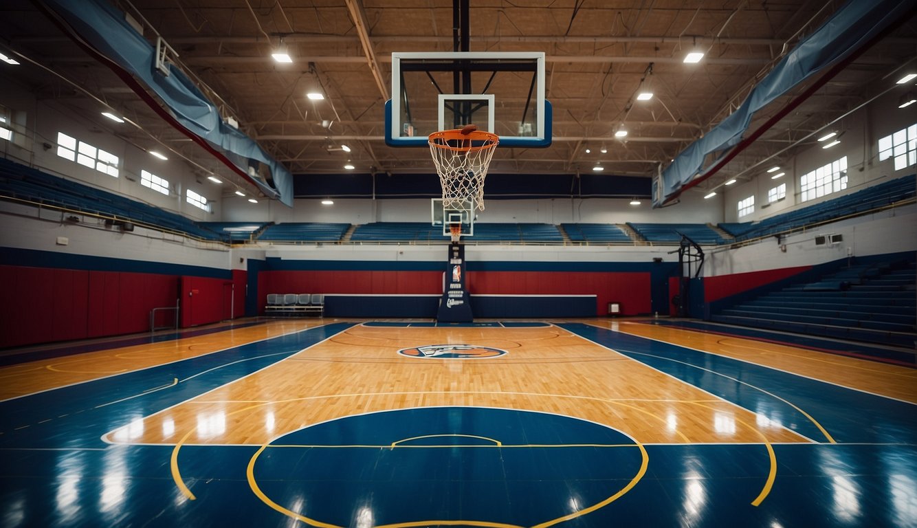 A regulation NBA basketball court measures 94 feet in length and 50 feet in width, with a hoop placed 10 feet above the floor. The court features a free-throw line, three-point line, and key area