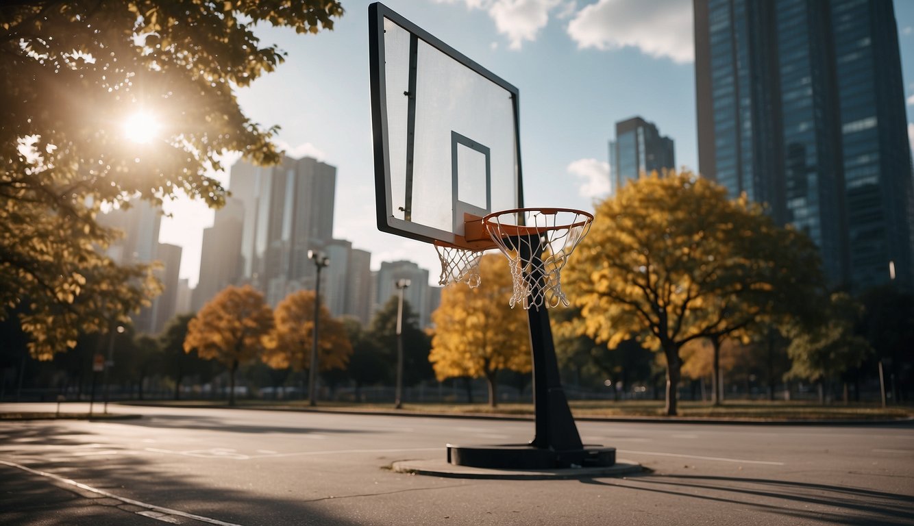 A basketball hoop stands on a concrete court in a city park, with tall buildings in the background. The hoop is regulation size and has a net hanging from it