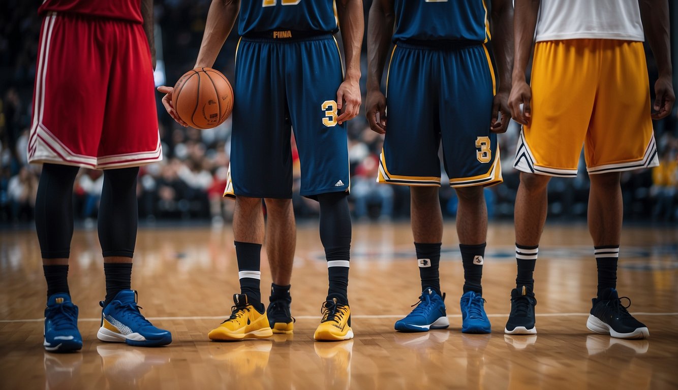 Basketball players' tights are form-fitting, stretchy, and typically reach from the waist to the ankles. They often feature team colors and logos