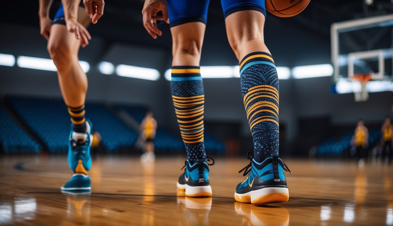 Basketball tights with bold patterns and vibrant colors, stretching over a muscular form, with reinforced knee and ankle support