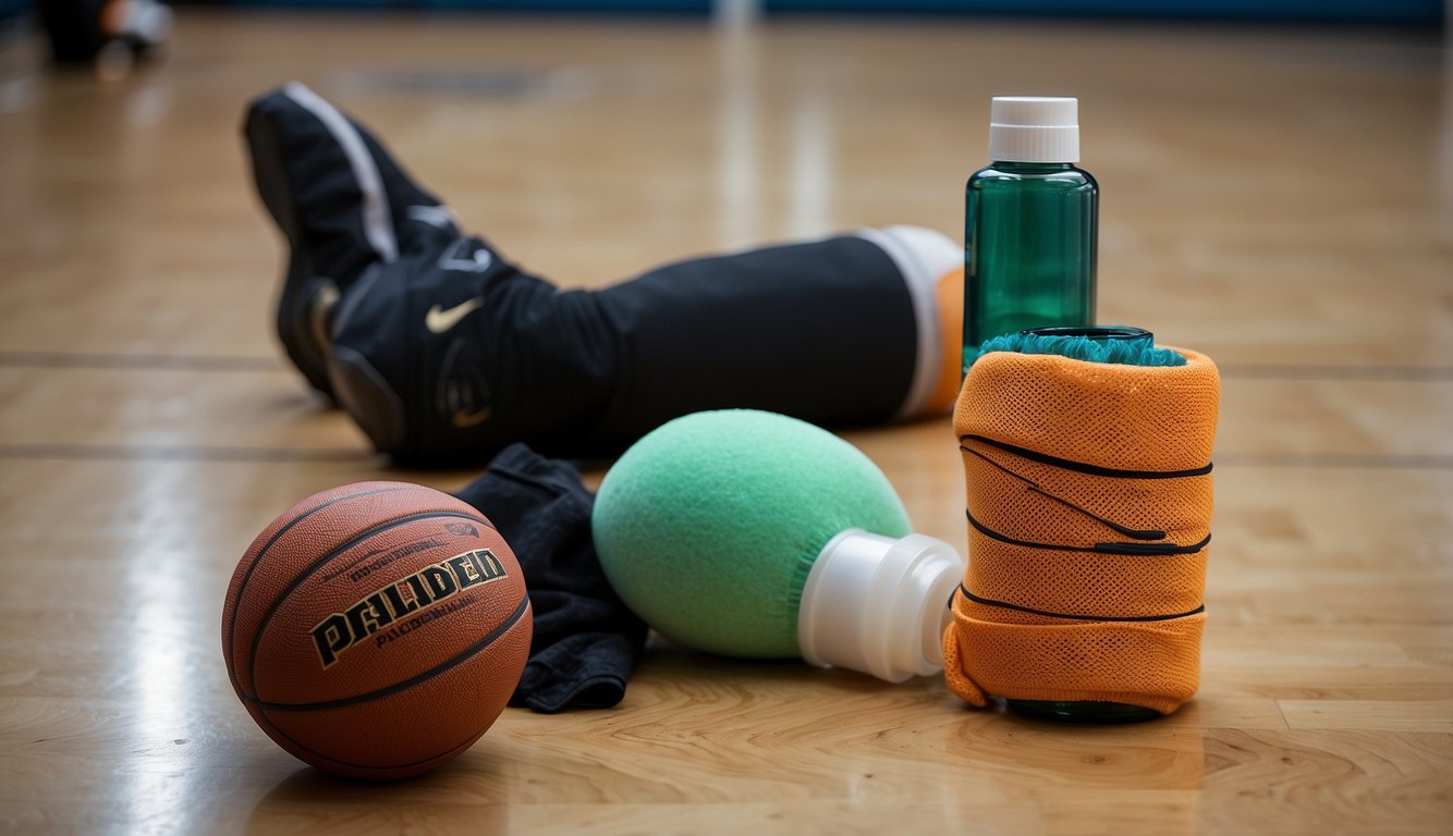 A pair of basketball tights laid out on a clean surface, with a basketball and a bottle of detergent nearby