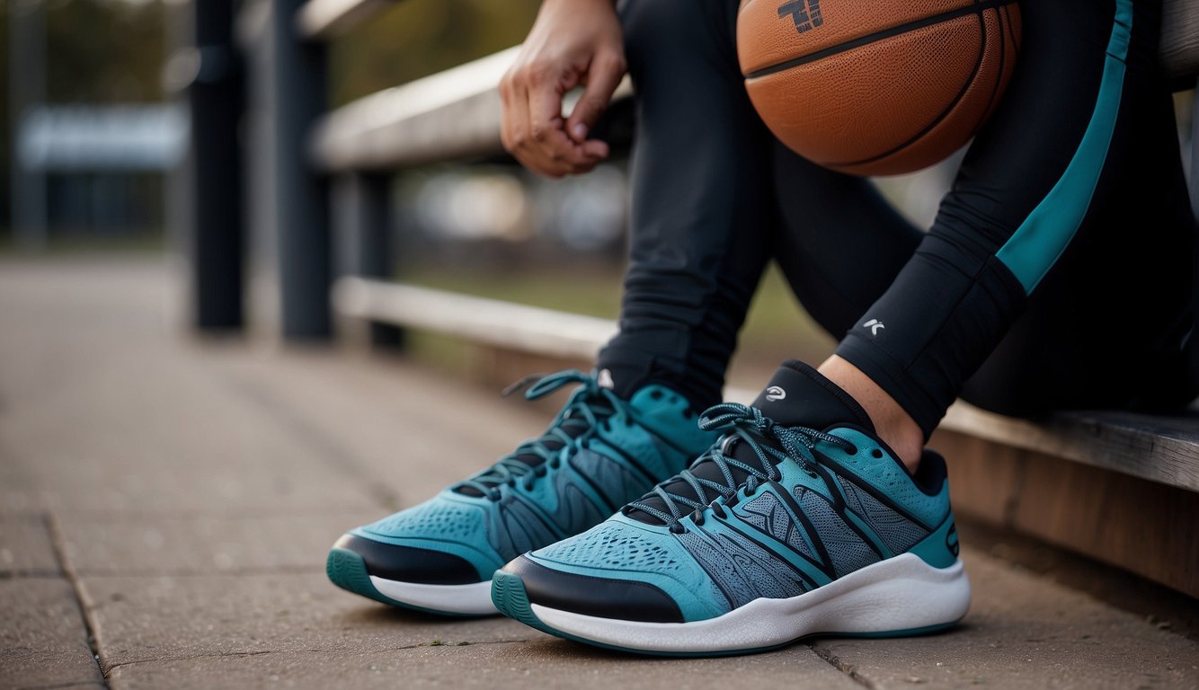 Basketball players' compression tights lay neatly folded on a bench, with a pair of sneakers next to them