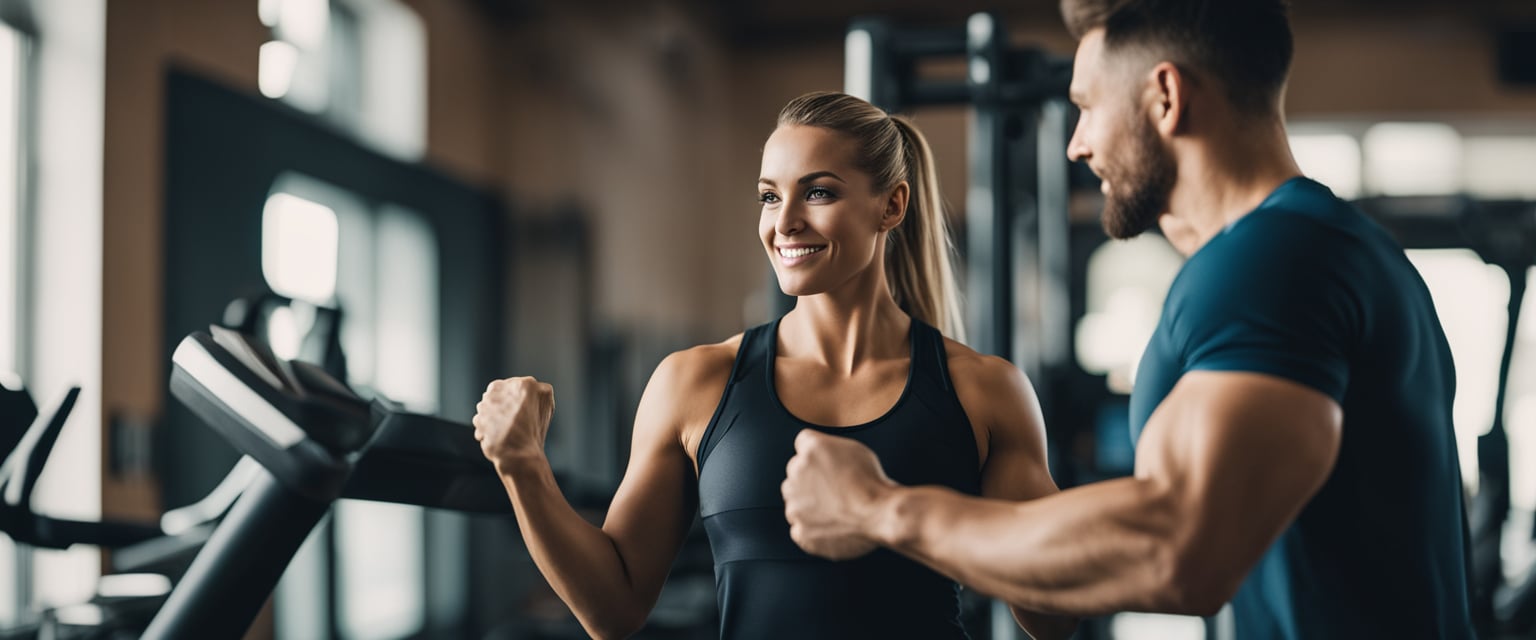 A personal trainer in Timisoara, guiding a client through a workout, surrounded by gym equipment and motivational posters