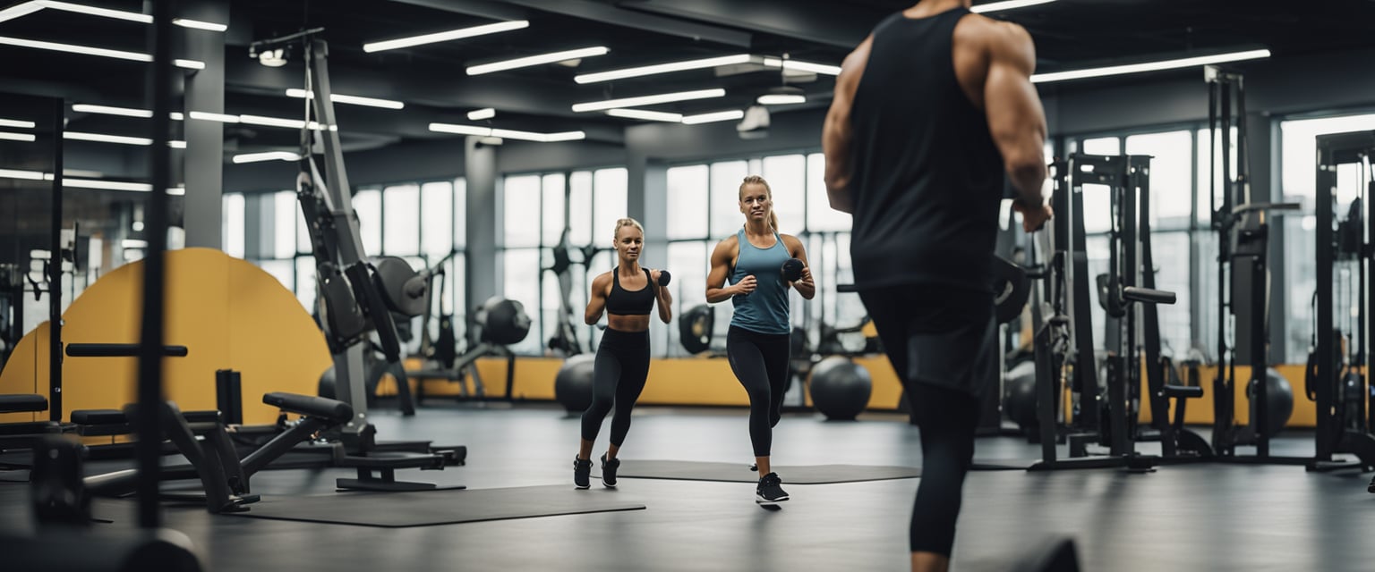 A personal trainer guiding a client through a workout in a modern gym with various exercise equipment and motivational posters on the walls