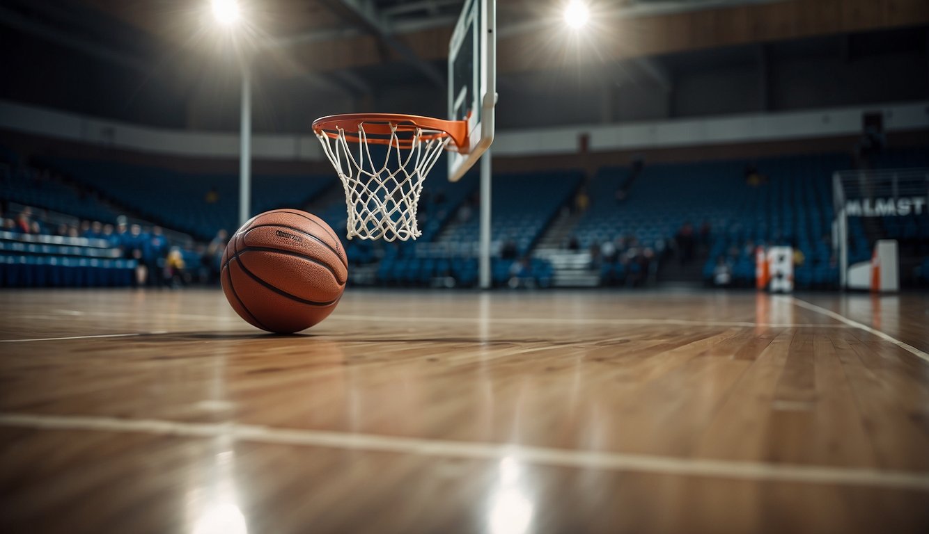 A basketball court with a hoop and basketball, gender-neutral colors, and French text indicating "masculine or feminine?"