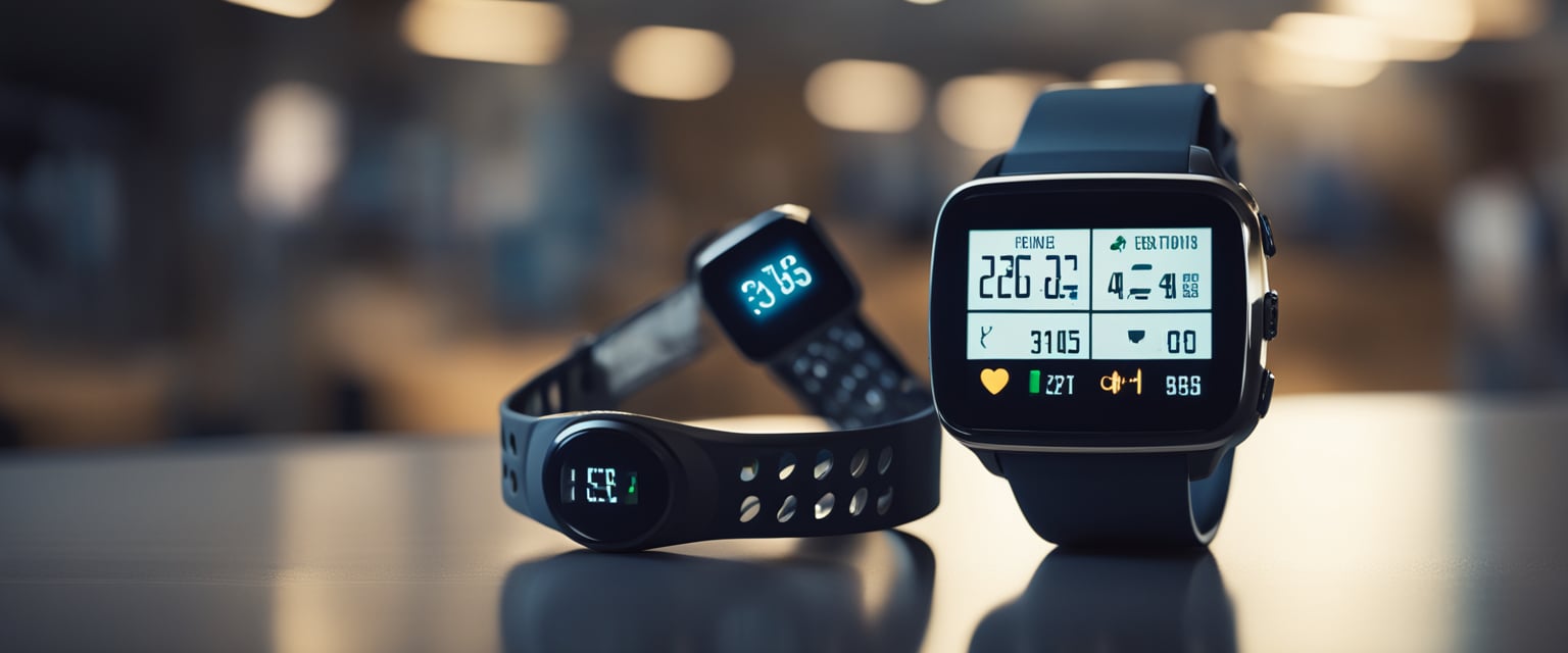 A fitness tracker and a progress monitor are displayed on a table in a well-lit gym setting