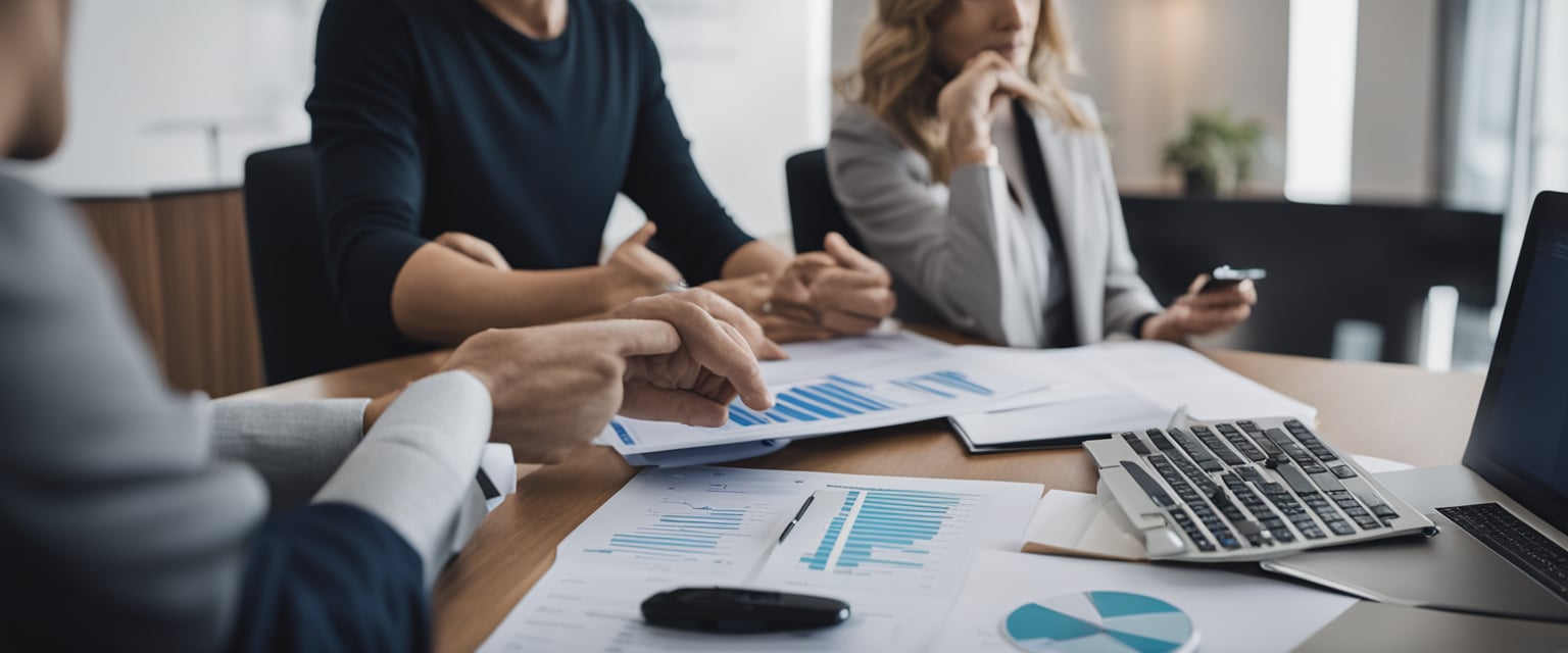 A personal finance coach in Timisoara, surrounded by charts and graphs, advises a client on budgeting and investment strategies