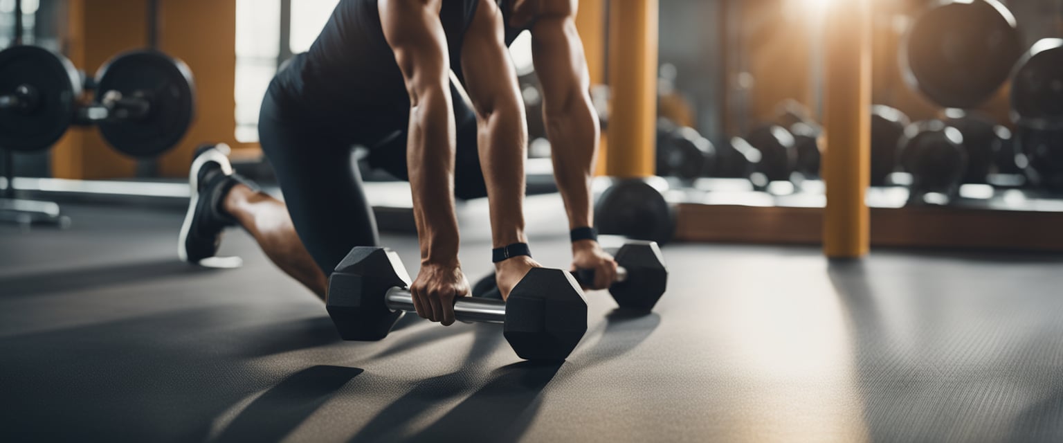 A person preparing for a workout session with a personal trainer in a gym, stretching and warming up with exercise equipment nearby