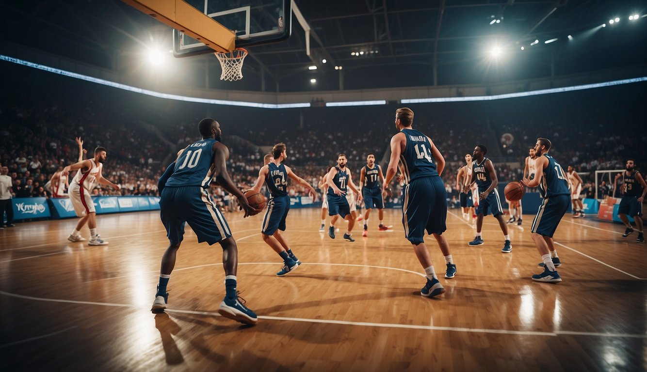 A basketball court filled with French players competing in the league, showing their skills and teamwork