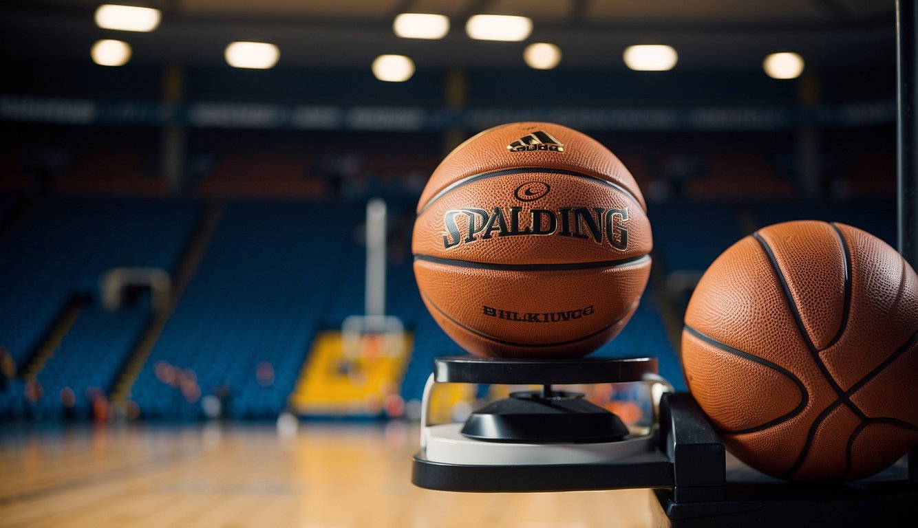 A basketball and other sports equipment on a scale, with a question mark above them