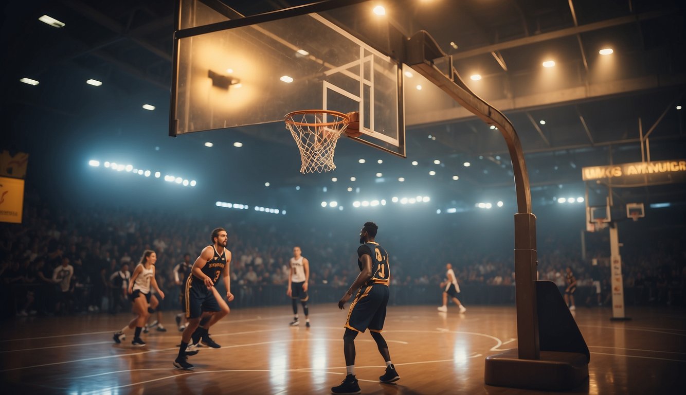 A basketball court with both male and female players, and a sign in French asking "Is basketball masculine or feminine?"