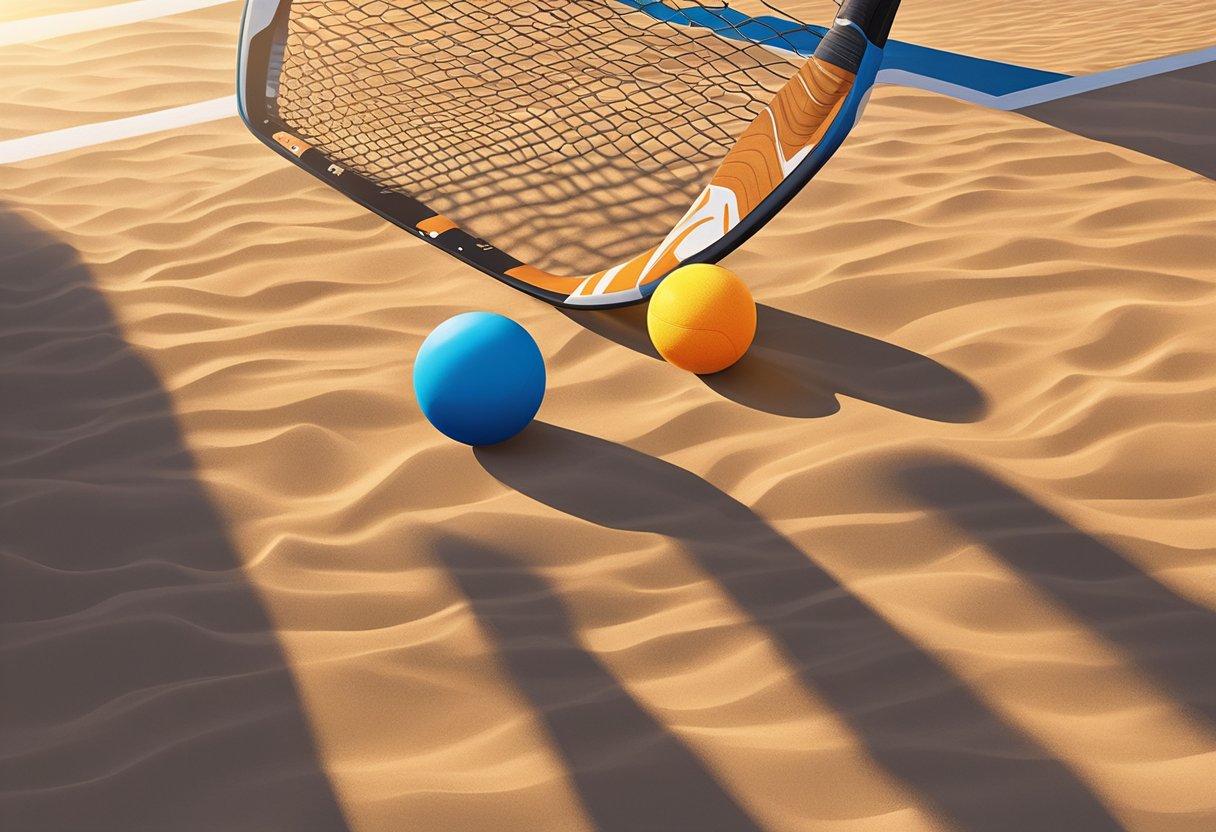 A paddle and ball sit on the sandy court, surrounded by players' gear and equipment. The sun casts long shadows across the vibrant colors of the gear, creating a dynamic and energetic scene