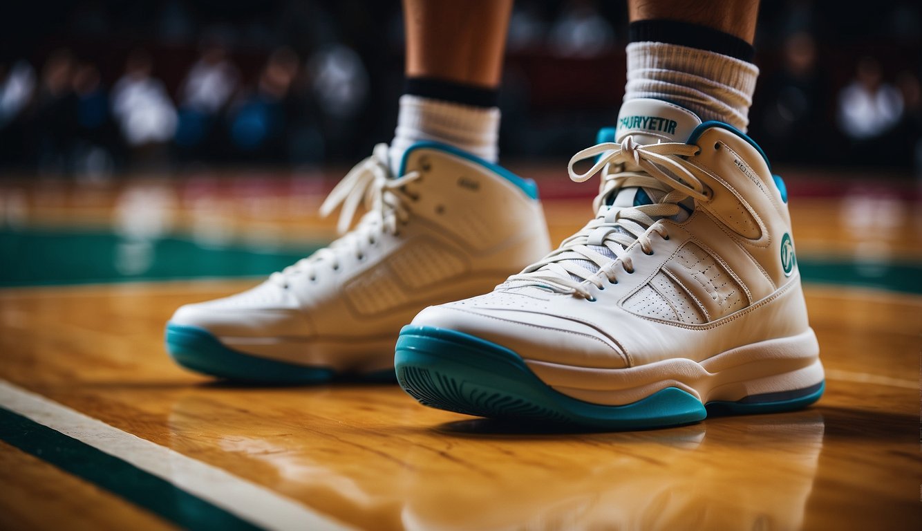 A basketball shoe grips the court surface tightly, showing its textured sole and secure lacing