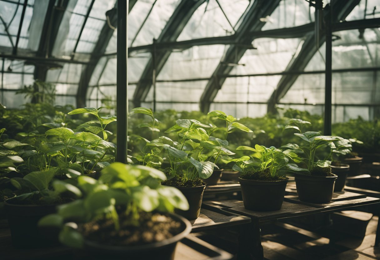 Lush green plants thrive in a glass greenhouse, basking in the warm sunlight filtering through the transparent walls. Moist soil and vibrant foliage create a serene and vibrant atmosphere