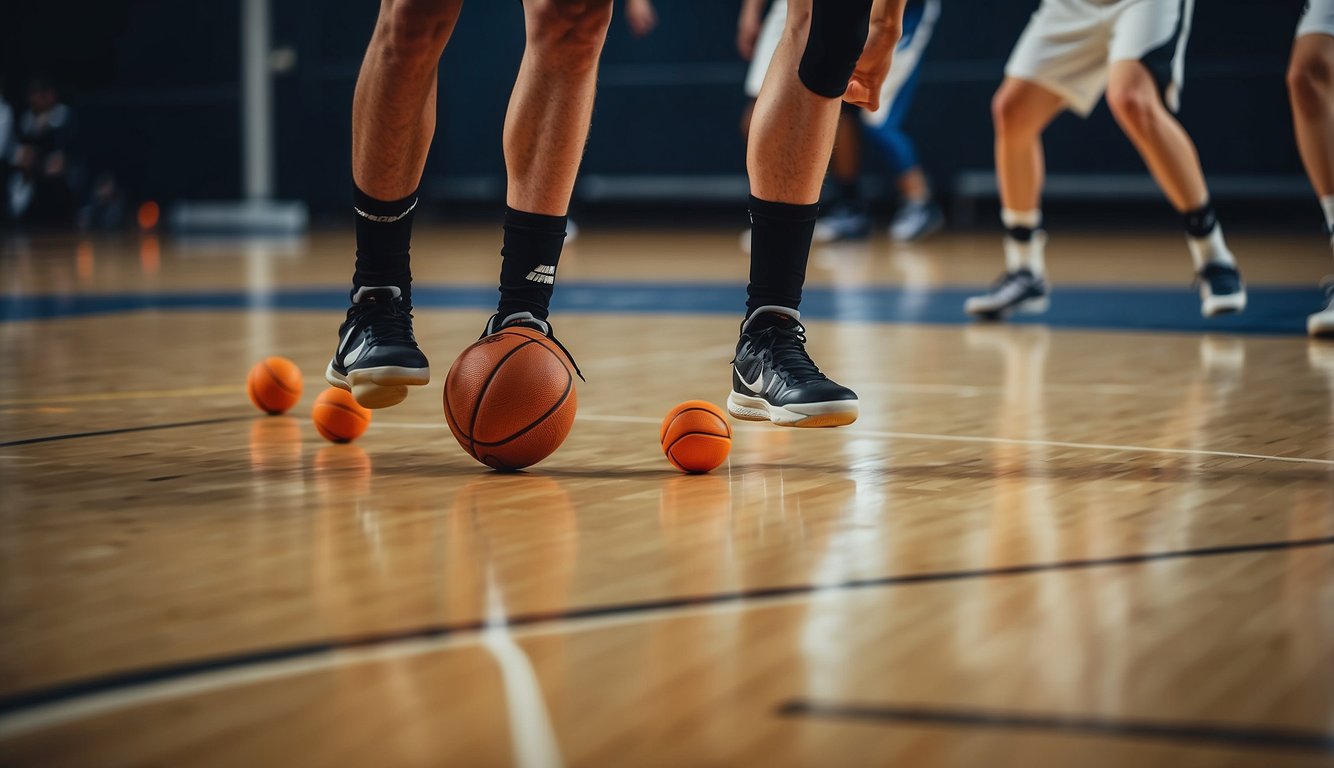 Players dribbling, shooting, and doing agility drills on a basketball court. Cones and agility ladders are set up for drills