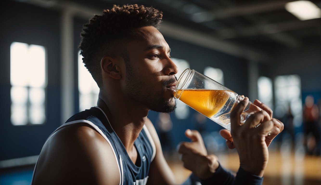 A basketball player drinks water and eats a healthy snack during a workout