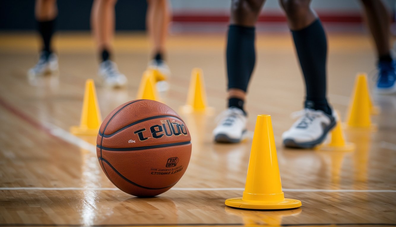 Basketball drills, cones, and agility ladder on a court. Stopwatch timing sprints and shooting drills. Sweat dripping, focused athletes