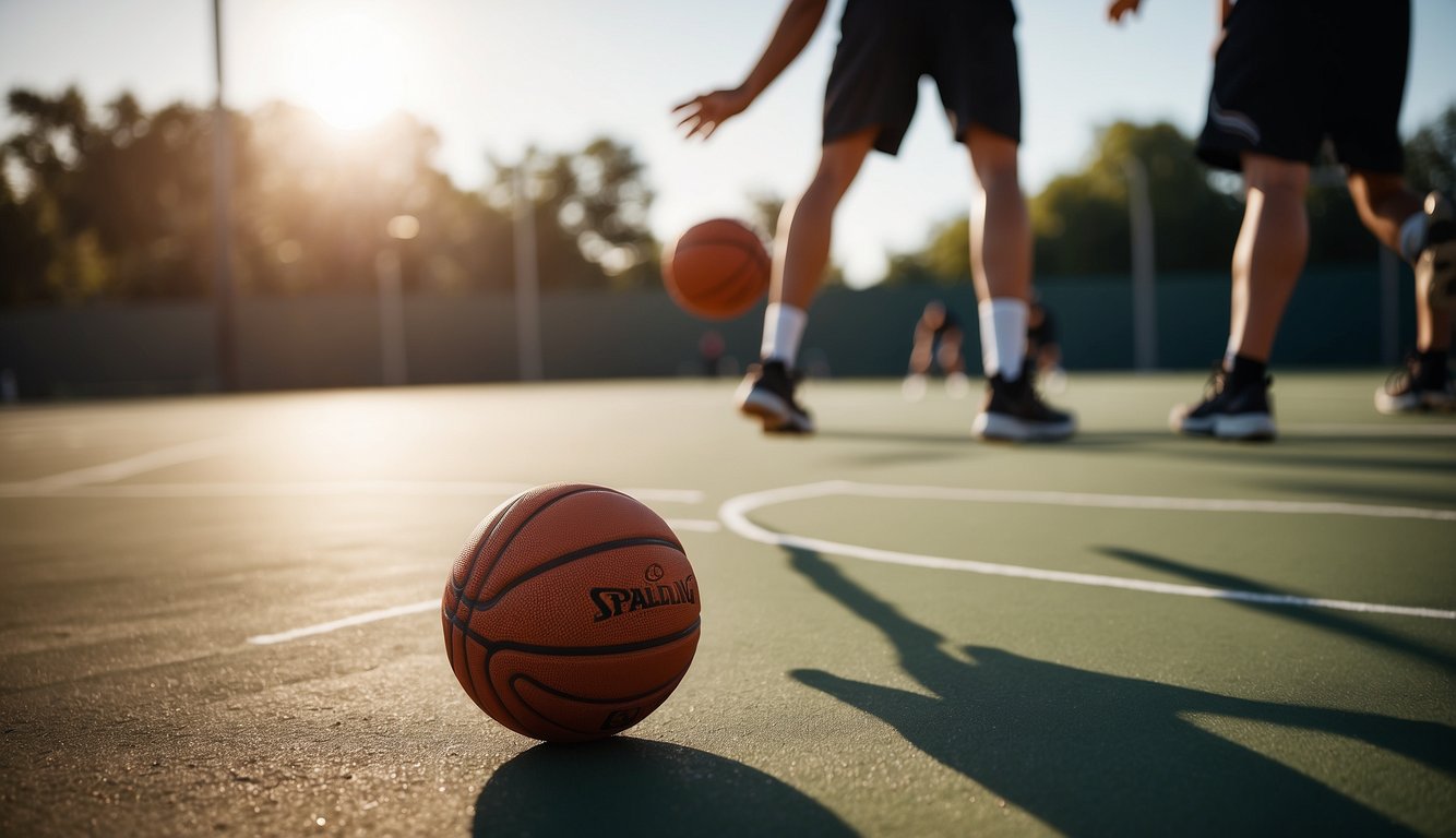 A basketball court with a player dribbling, shooting, and doing agility drills. Water bottle, towel, and basketball gear nearby