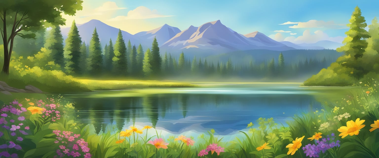 Lush green forest with sunlight filtering through trees, a serene lake reflecting the surrounding mountains, and colorful wildflowers in a meadow