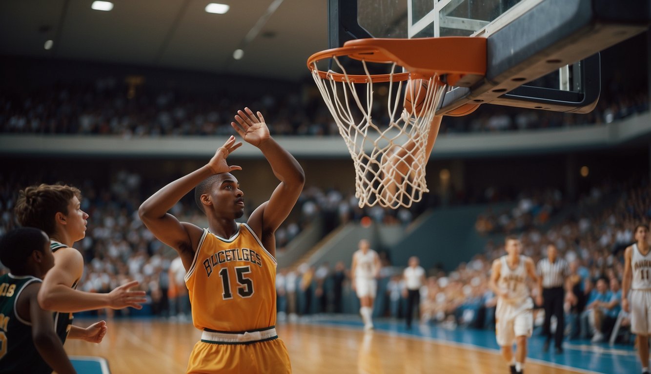 A basketball court with an early game in progress, players using peach baskets as hoops, and a referee enforcing the early rules of the game