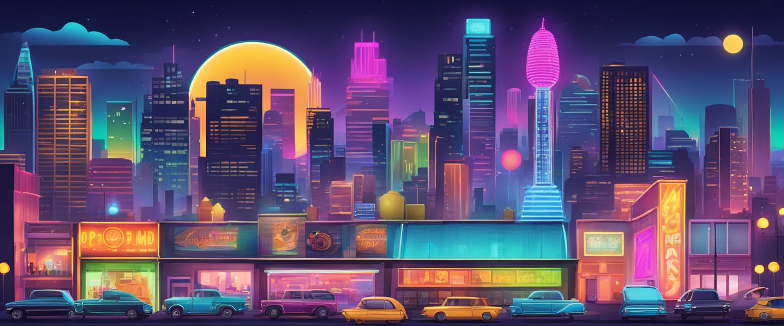 Vibrant city skyline with neon lights, movie posters, and concert billboards. Iconic pop culture symbols like film reels and vinyl records