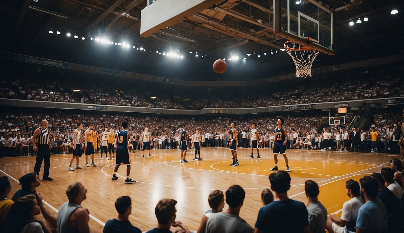 A basketball court surrounded by cheering fans, with players showcasing various skills and techniques from different eras