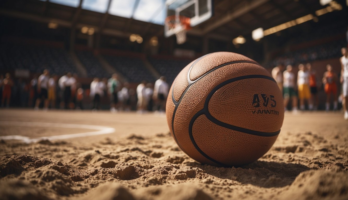 A basketball bouncing on a dirt court, surrounded by vintage hoops and jerseys. A timeline of key events and rule changes displayed in the background