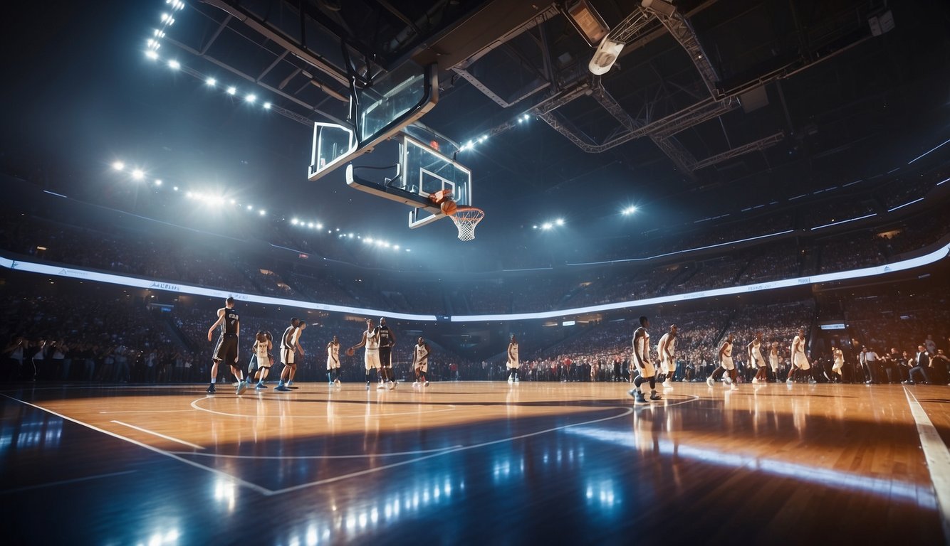 A futuristic basketball court with holographic players, advanced technology, and flying drones capturing the game