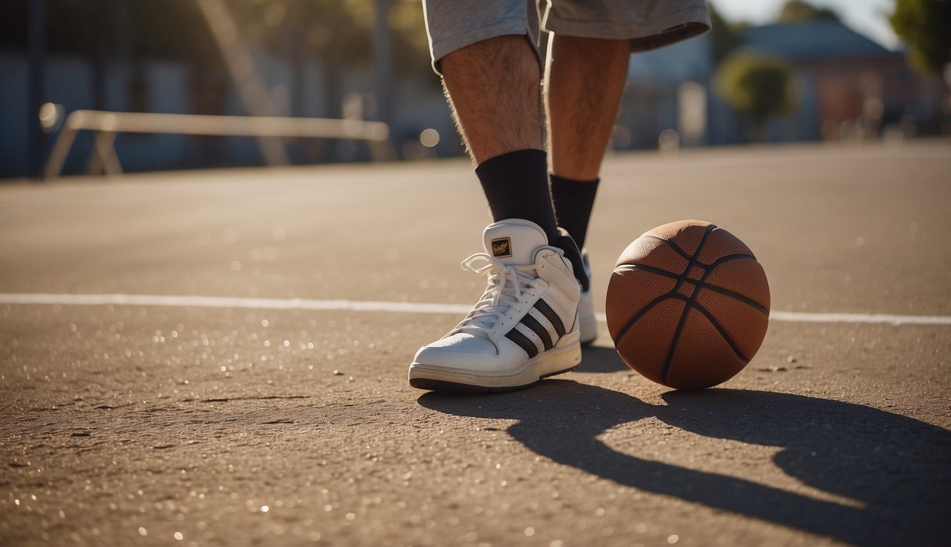 A basketball bounces on a weathered outdoor court, surrounded by scuffed shoes and a worn hoop against a backdrop of sun-drenched pavement