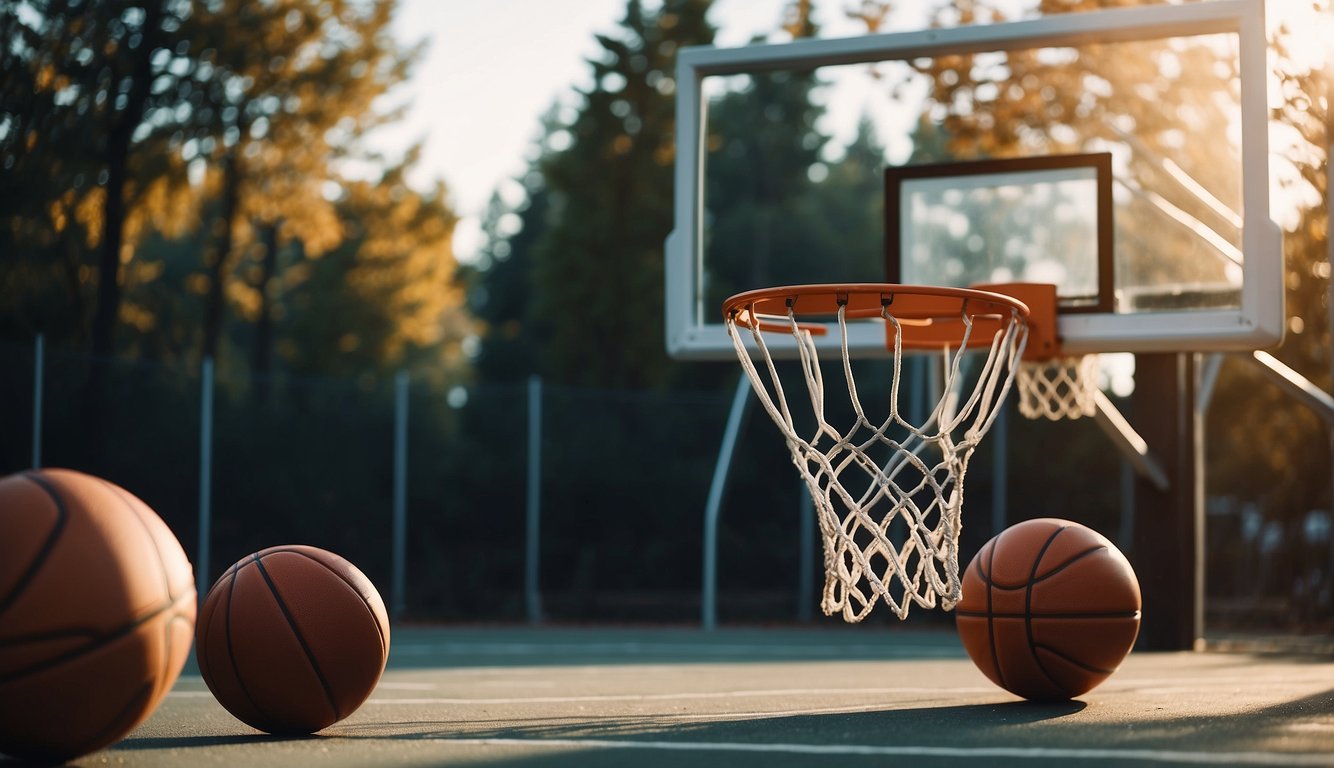 A basketball court with a hoop and backboard, surrounded by durable outdoor basketballs from a top brand