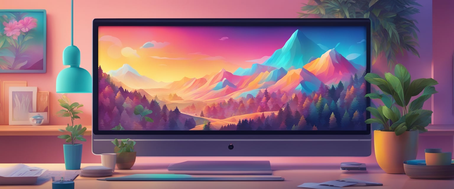 A high-resolution monitor displaying a stunning 4k wallpaper, with vibrant colors and intricate details, set against a clean and modern desktop background
