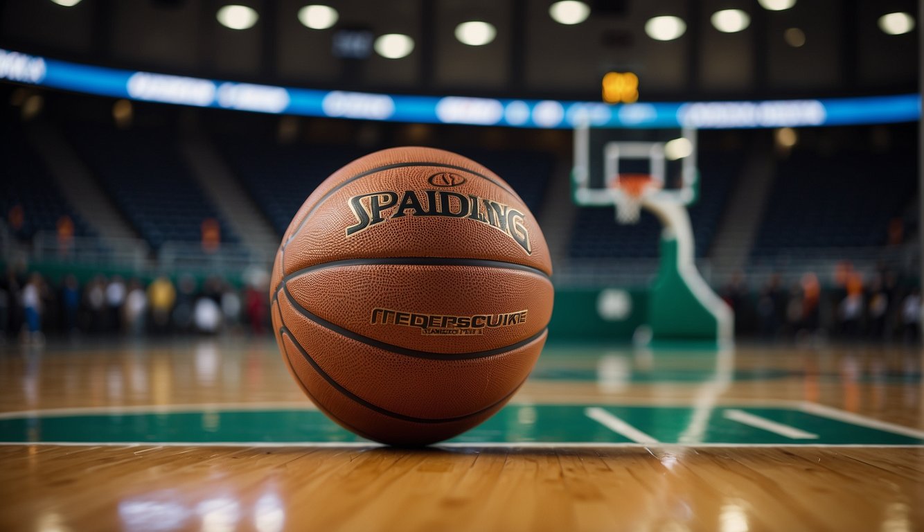 A basketball bouncing on a textured outdoor court, with a durable, all-weather brand logo on its surface