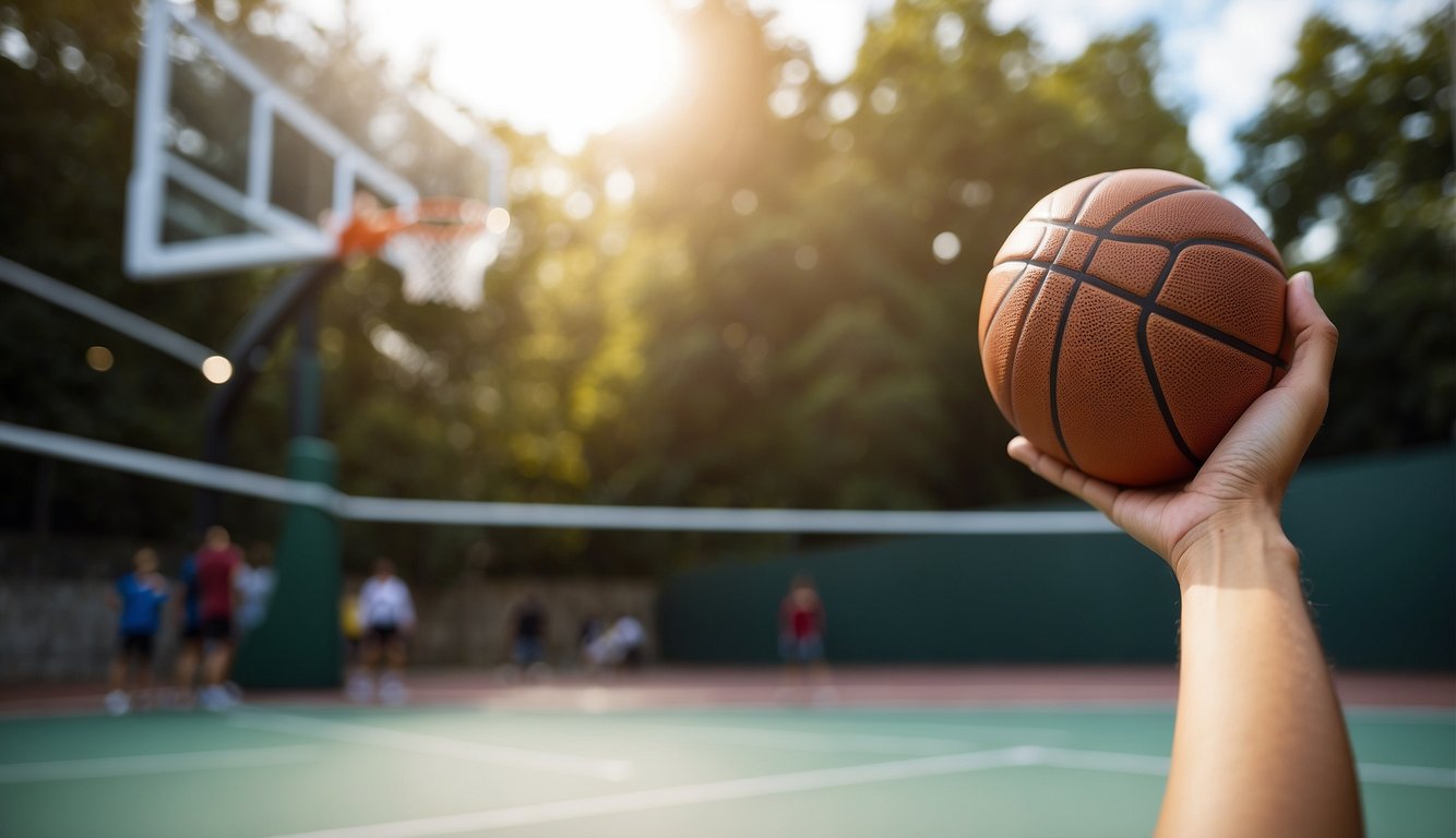 A hand reaches for a basketball, comparing sizes and brands, with an outdoor court in the background