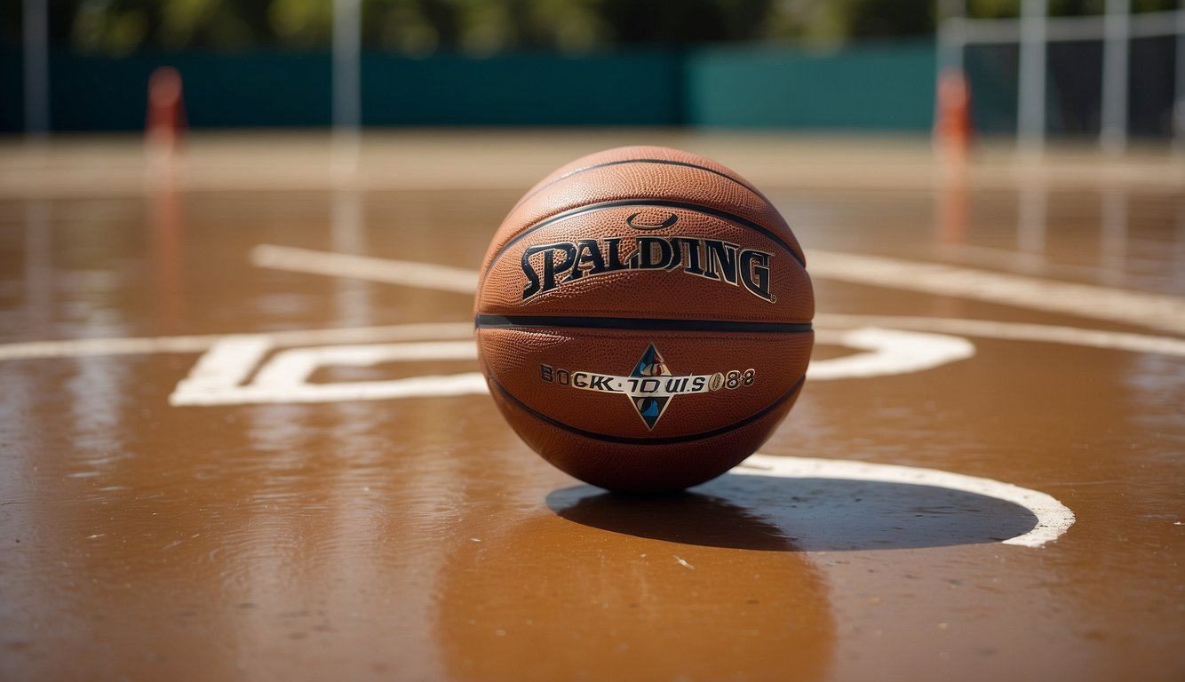 A basketball brand logo prominently displayed on a durable, textured surface with a weathered outdoor court in the background