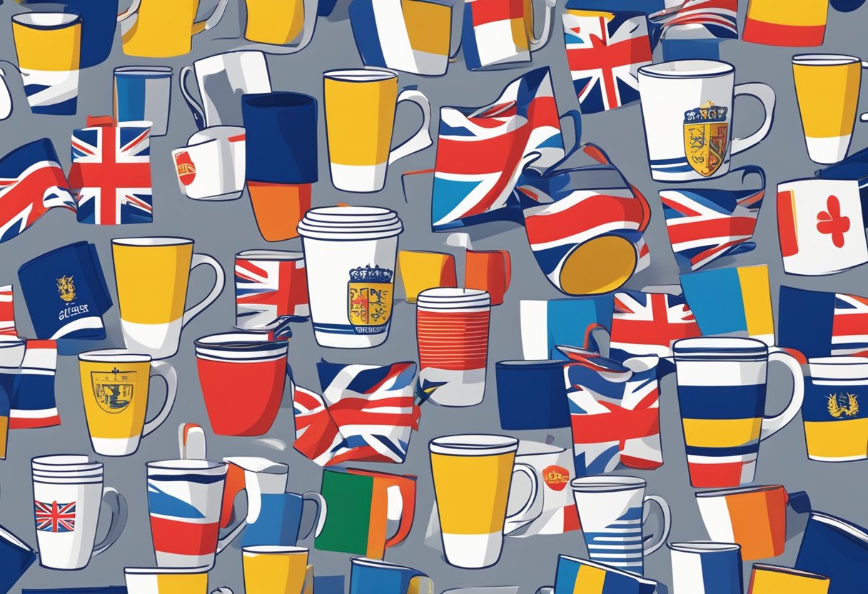 A colorful array of branded promotional items, including mugs, pens, and tote bags, are displayed on a table with the UK flag in the background