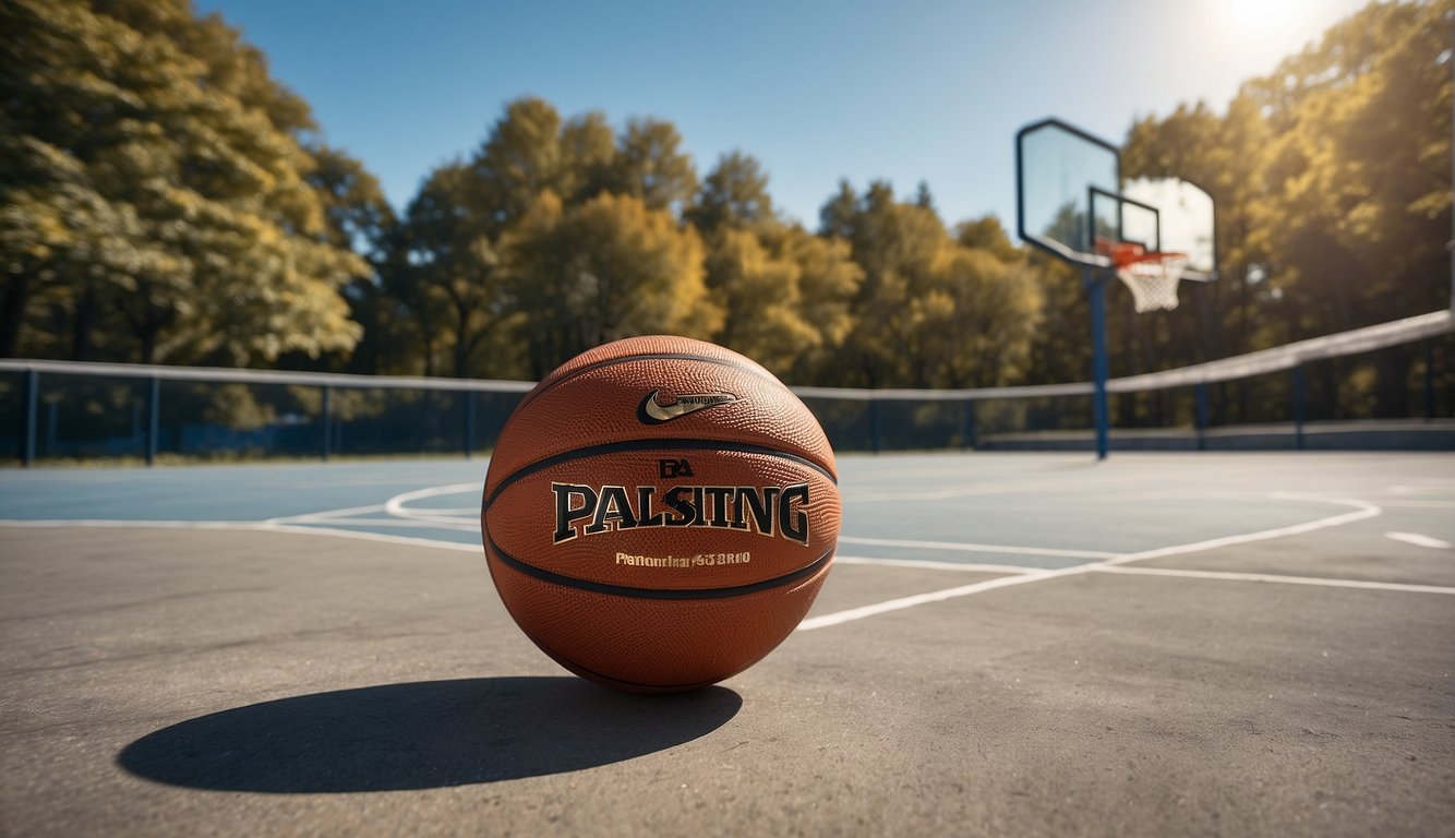 A basketball bouncing on a concrete court, with a backdrop of trees and blue sky. The ball is branded with "Maintaining Your Basketball" logo