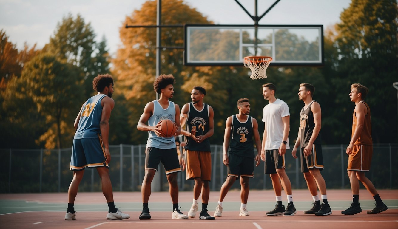 A group of people playing basketball outdoors with the best brand of basketball equipment