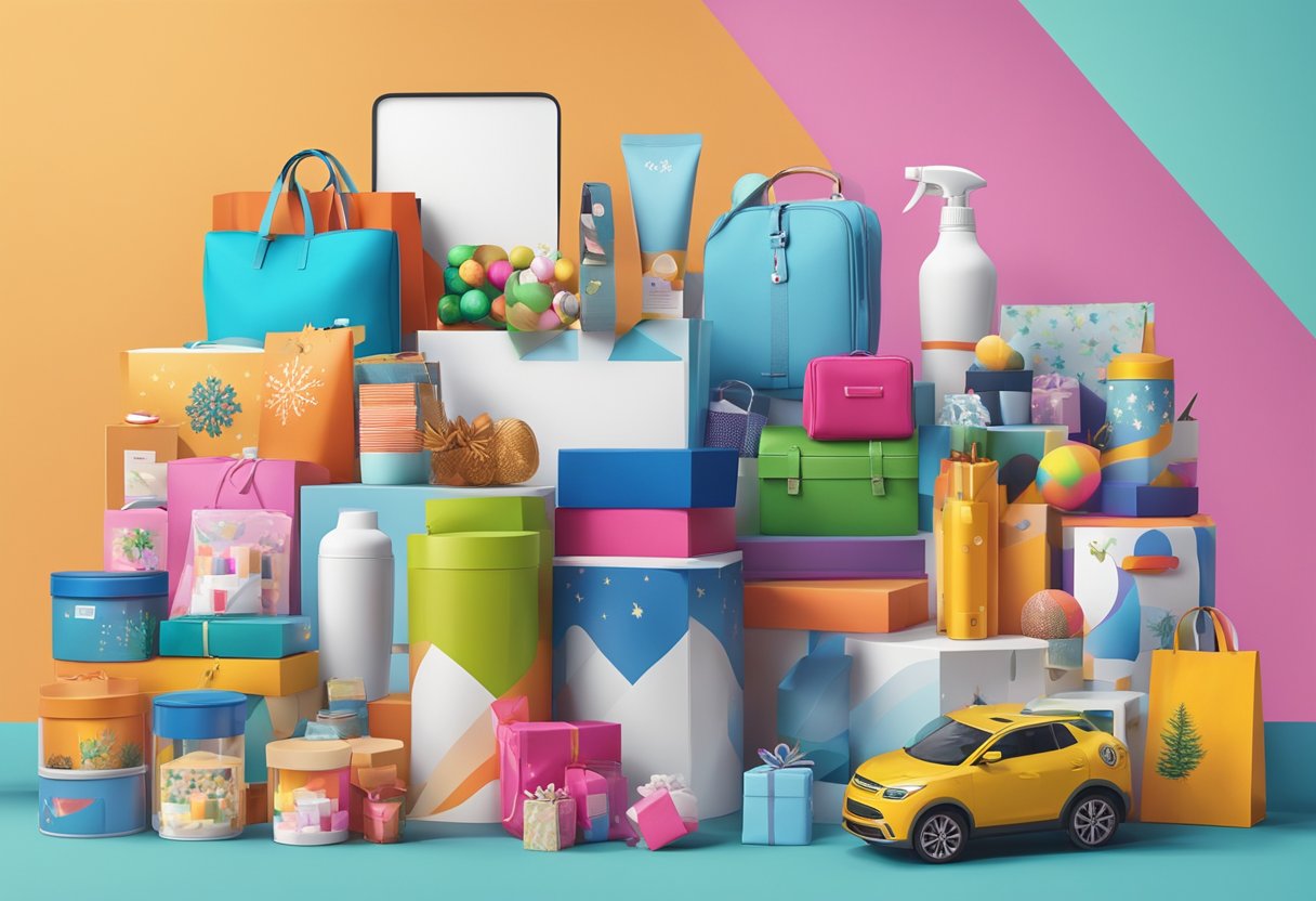 A colorful display of promotional products arranged in a festive and seasonal manner, showcasing the top 10 UK items for 2024