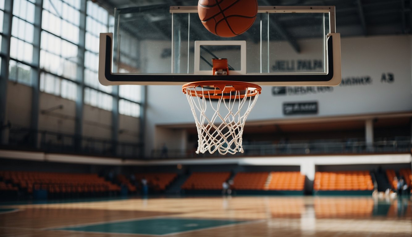 A basketball court with hoops, backboards, and lines. Balls, jerseys, and shoes scattered around. A scoreboard and bleachers in the background