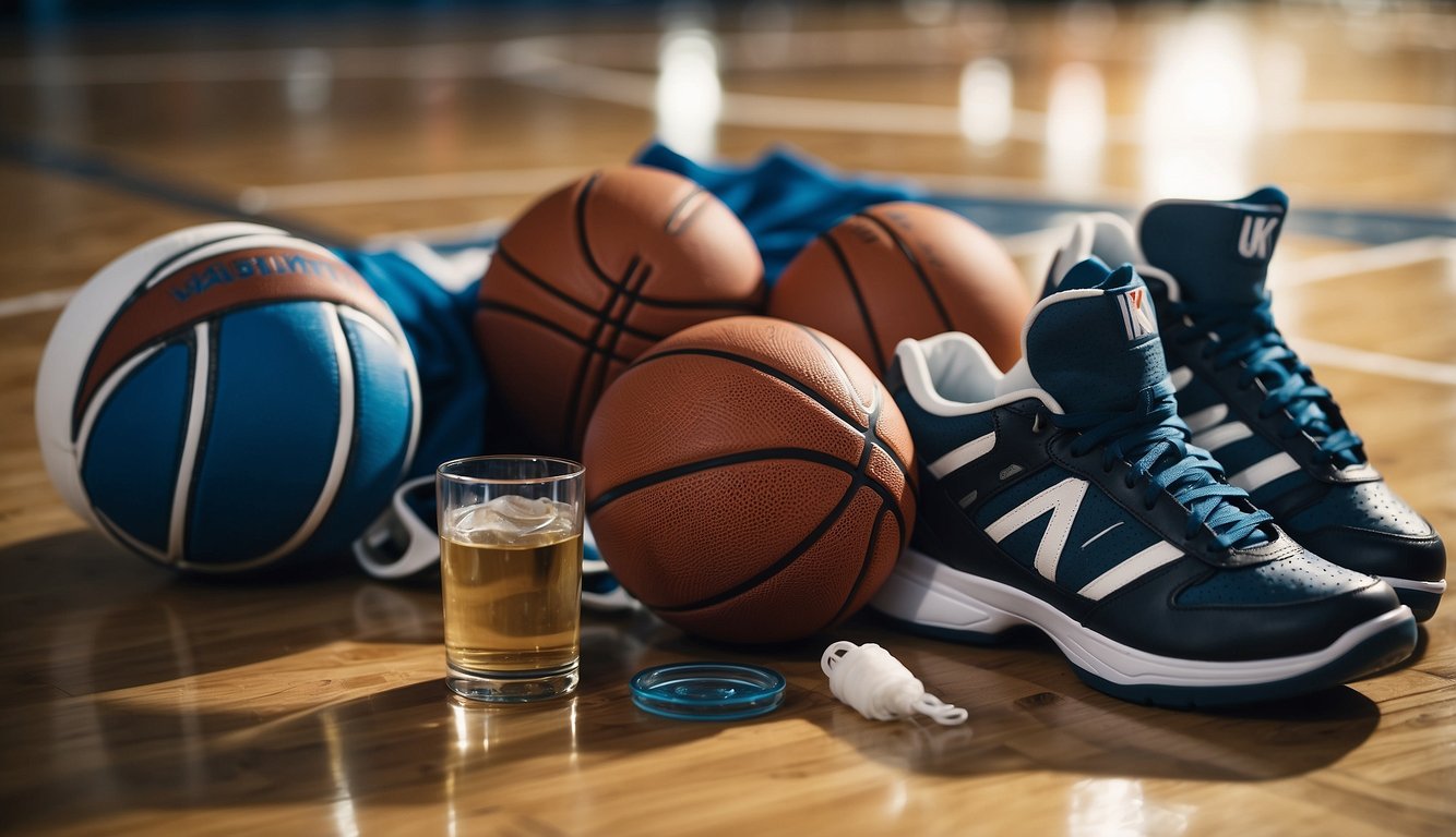 A basketball jersey, shorts, and sneakers lay on the court next to a basketball and water bottle