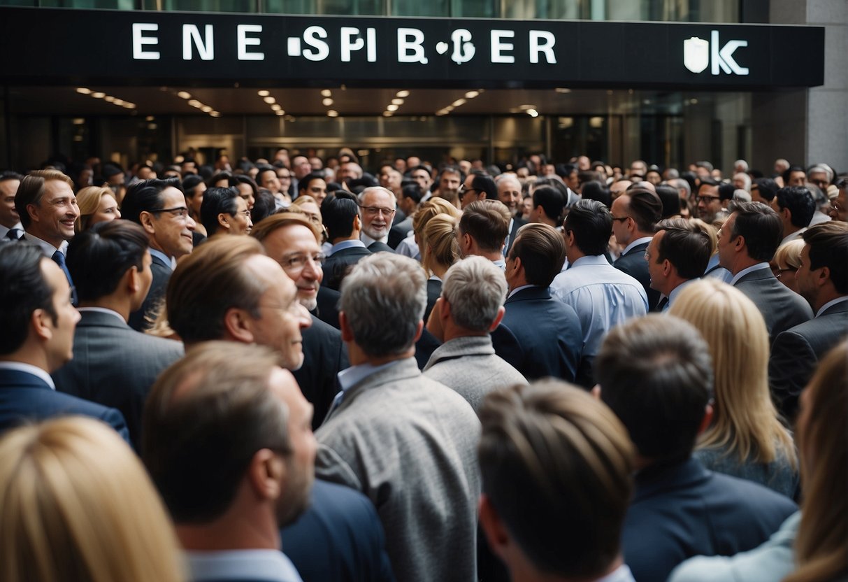 A crowd of investors eagerly awaits outside a stock exchange, holding signs and chatting excitedly about the upcoming SME IPO