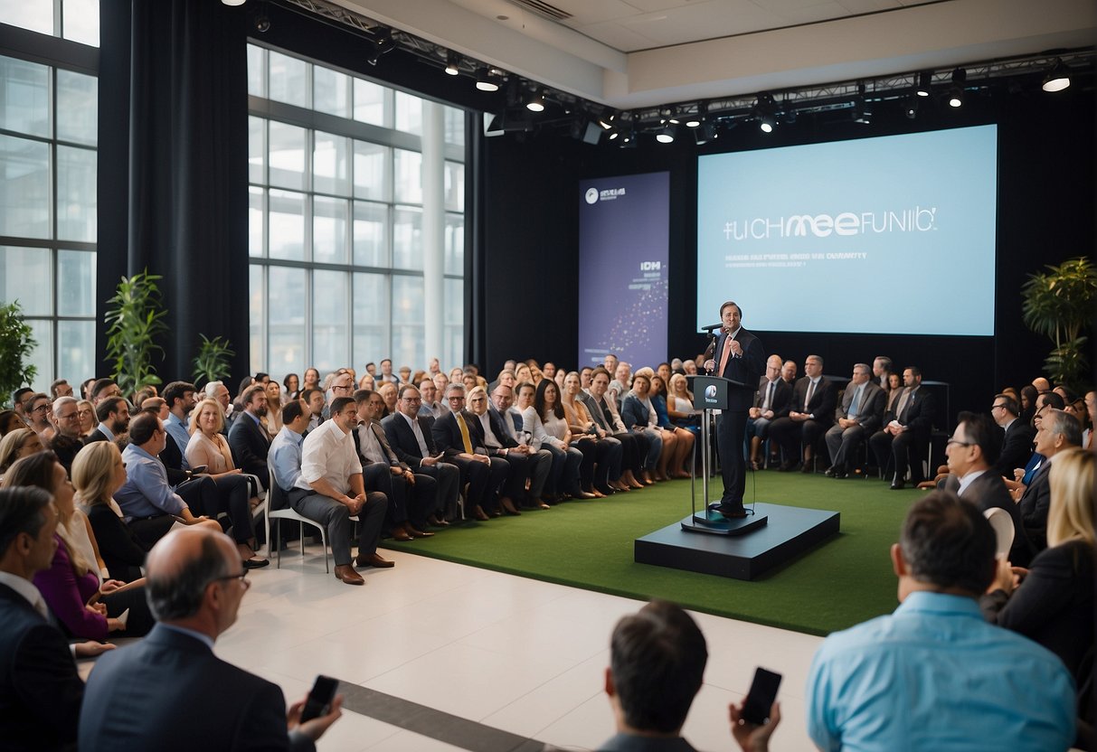 An SME IPO launch event with a bustling crowd, a podium with microphones, and a backdrop with the company logo