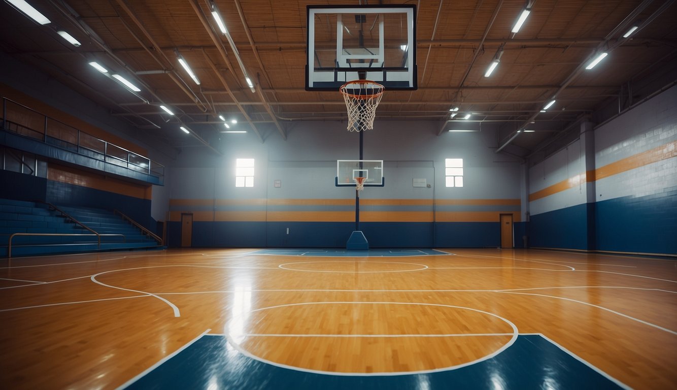 A basketball court with padded flooring, adjustable hoops, and safety padding on walls and poles. Players wearing protective gear and using non-slip shoes