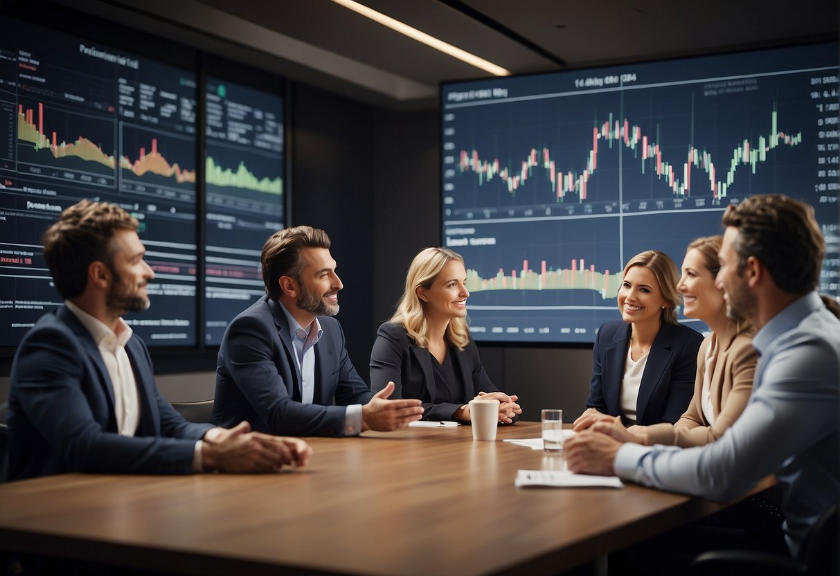 A group of business owners discussing IPO eligibility and process in a conference room, with charts and graphs displayed on a screen