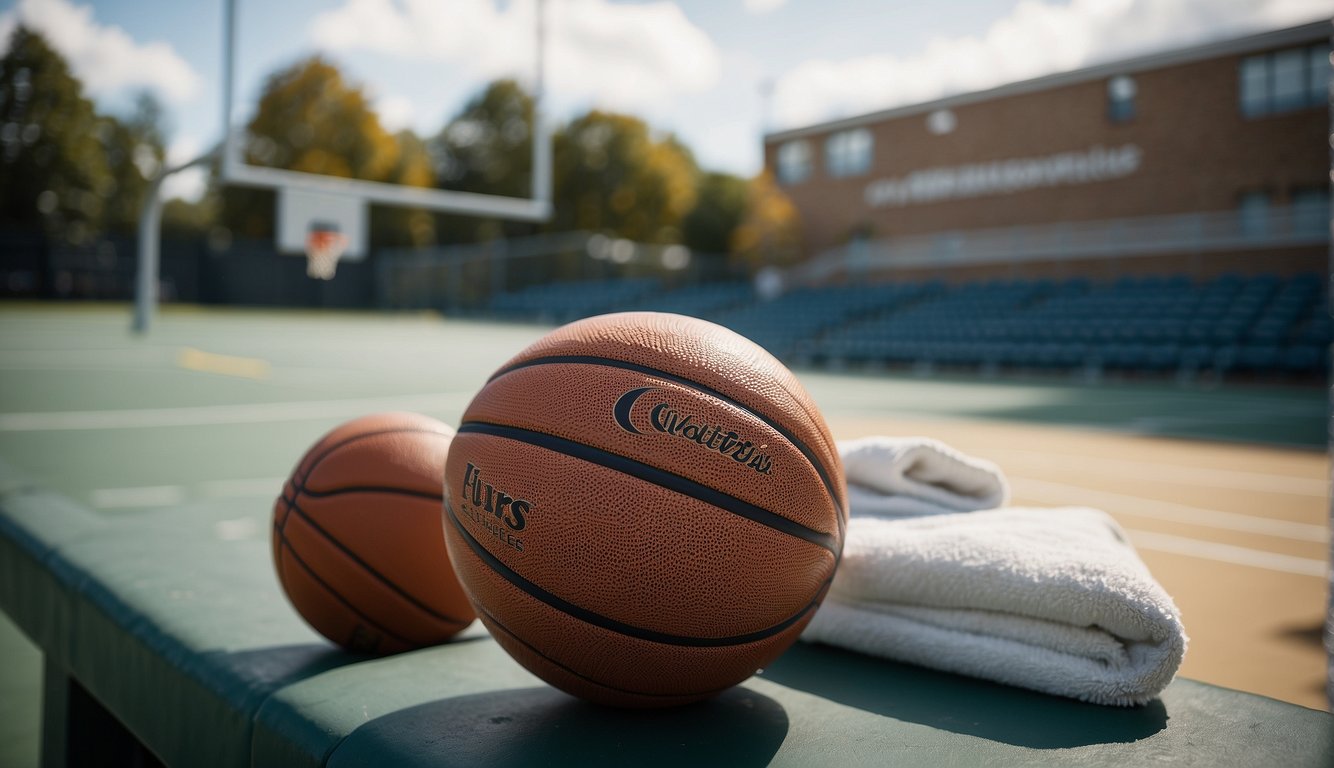 A basketball court with hoop, backboard, and lines. Players' benches and scoreboards on the sidelines. Basketballs, water bottles, and towels nearby